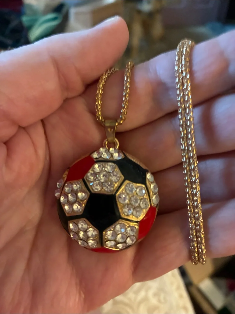 Gold-Tone Red & Black Crystal Soccer Pendant Necklace